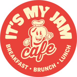 Circular logo for 'It's My Jam Cafe' with a cartoon character on a red background