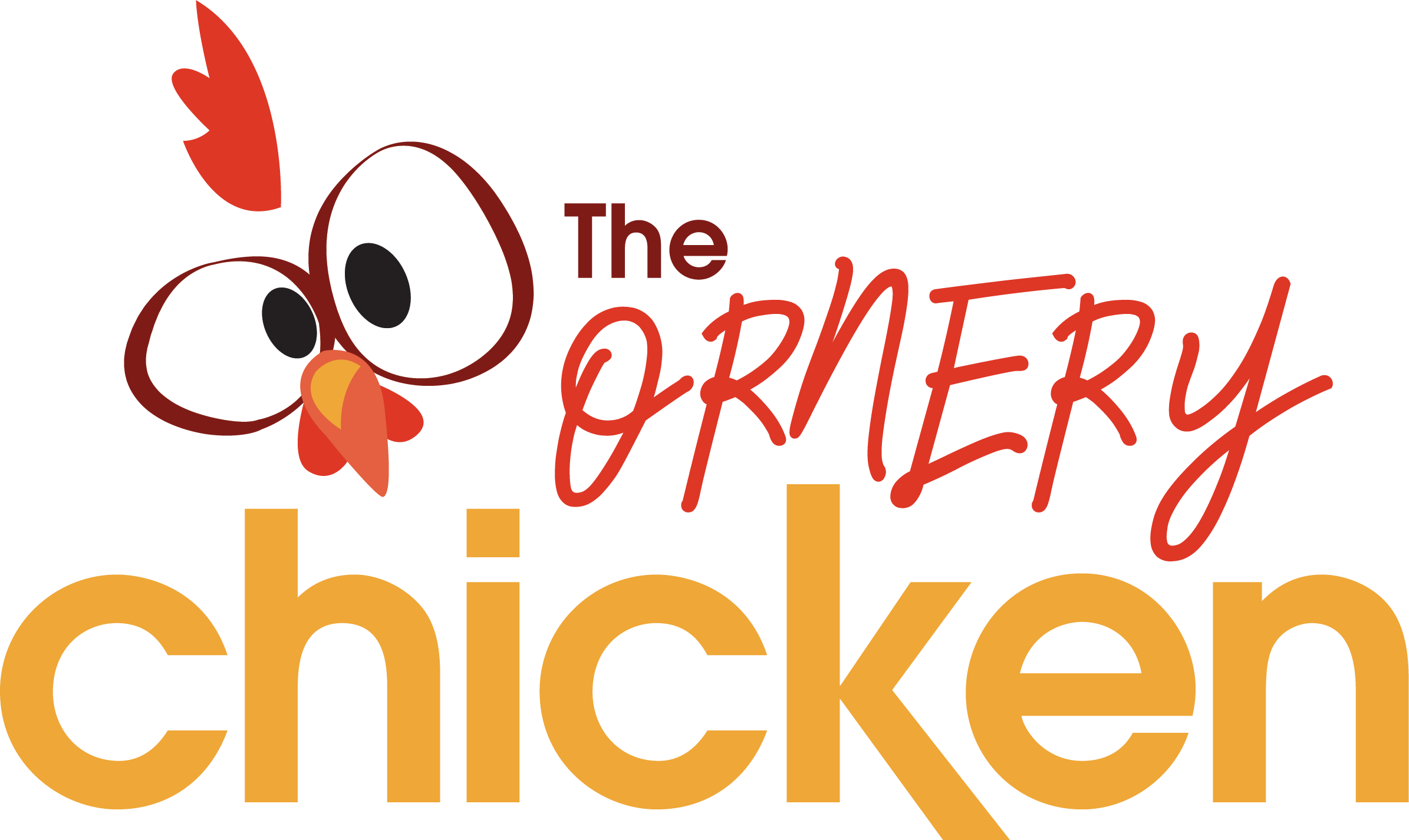 Logo of 'The Ornery Chicken' with cartoon chicken face 