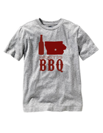 Heath gray t-shirt with red beer bottle icon, red iowa map, followed by the words "Smokey D's BBQ"