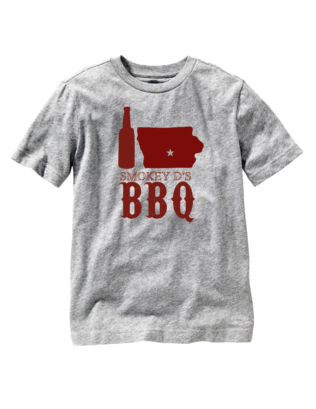 Heath gray t-shirt with red beer bottle icon, red iowa map, followed by the words "Smokey D's BBQ"