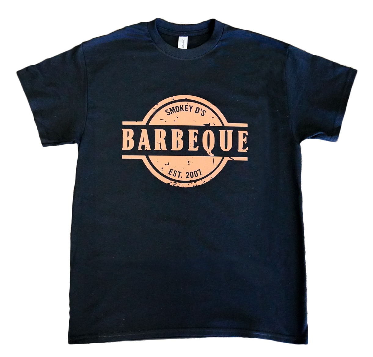 Photo of a black t-shirt with "Smokey D's Barbeque Est 2007" graphic