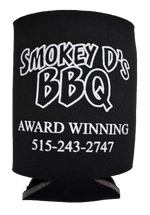 Black koozie with white text reading, "Smokey D's BBQ - Award Wining 515-243-2747"