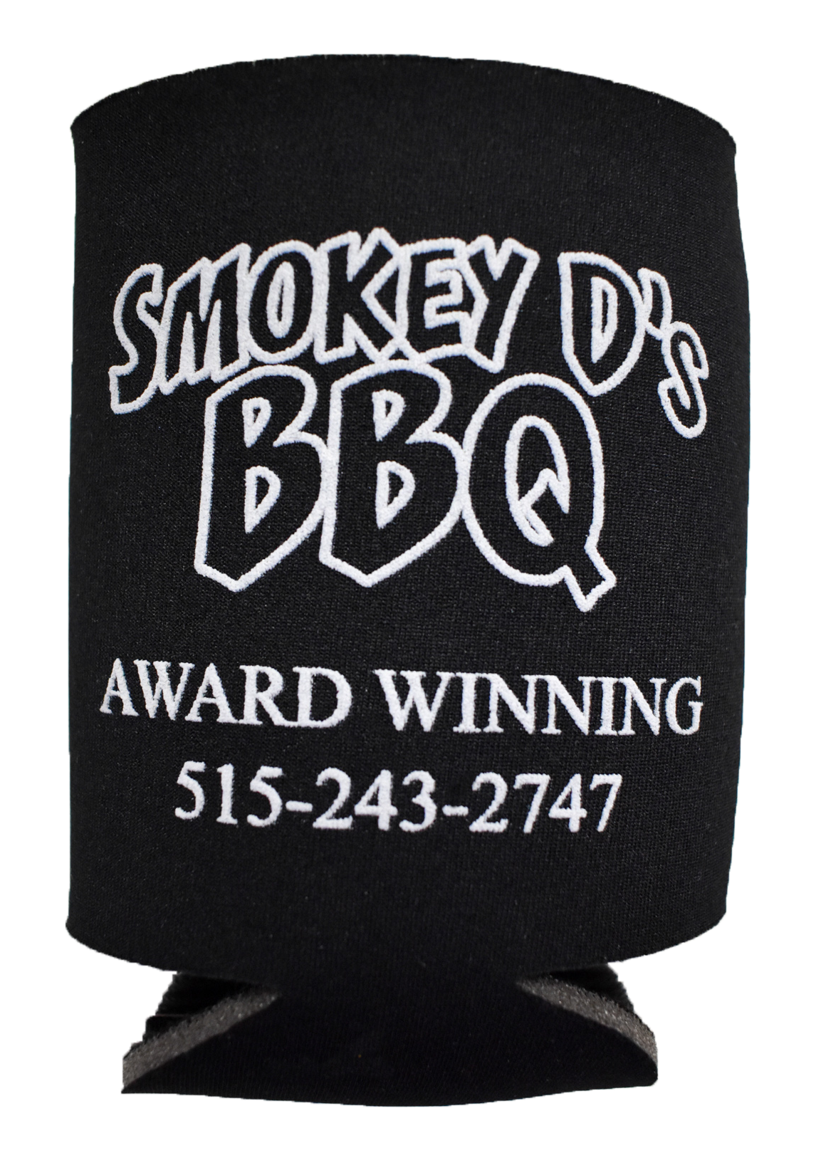 Black koozie with white text reading, "Smokey D's BBQ - Award Wining 515-243-2747"
