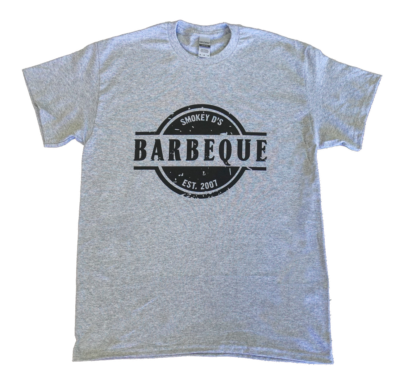 Light heather gray t-shirt with black graphic stating "Smokey D's Barbeque Est. 2007"