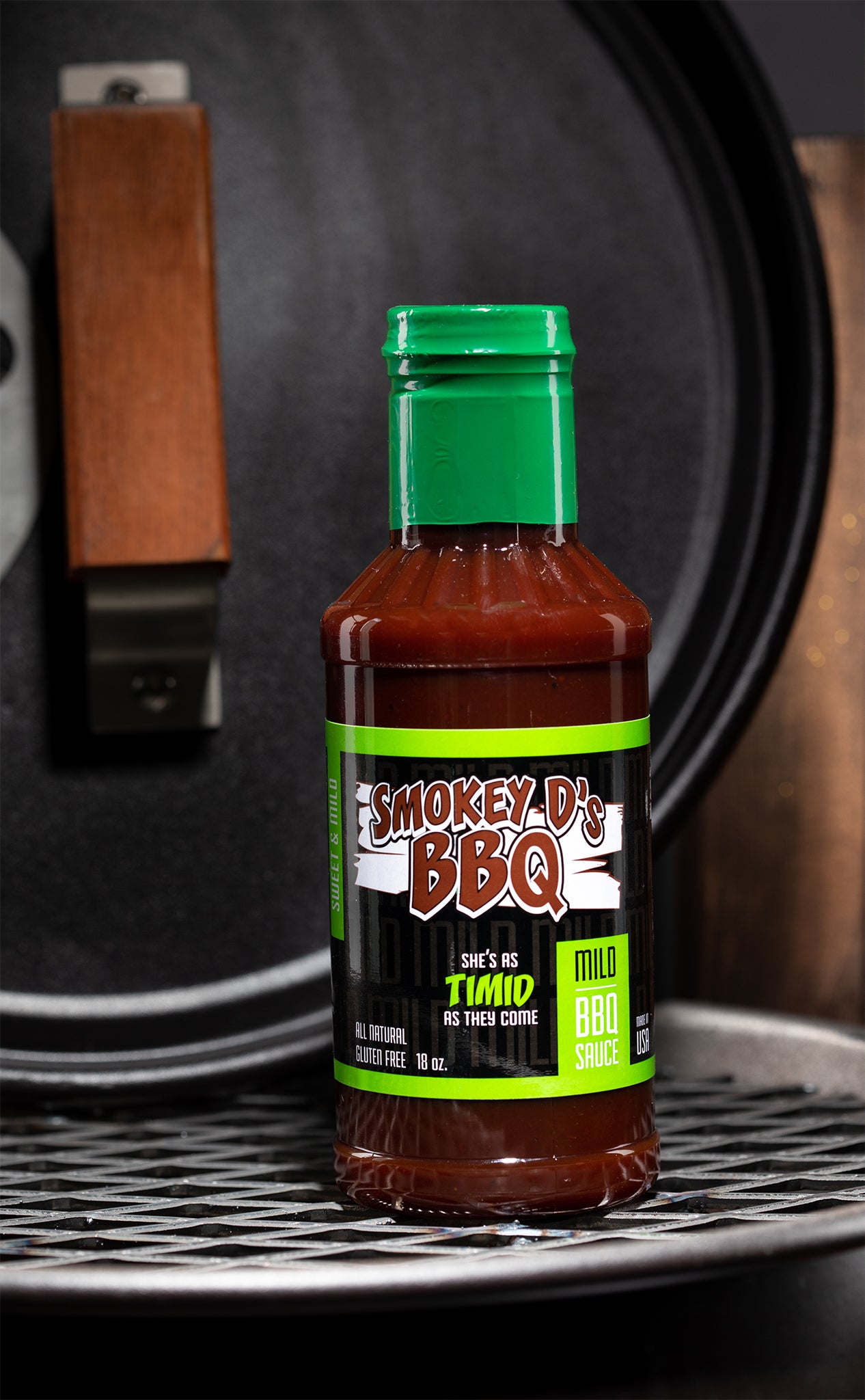 Photo of Smokey D's BBQ sauce - label reads, "Mild | She's As Timid As They Come"