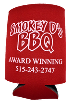 Red koozie with white text reading, "Smokey D's BBQ - Award Wining 515-243-2747"