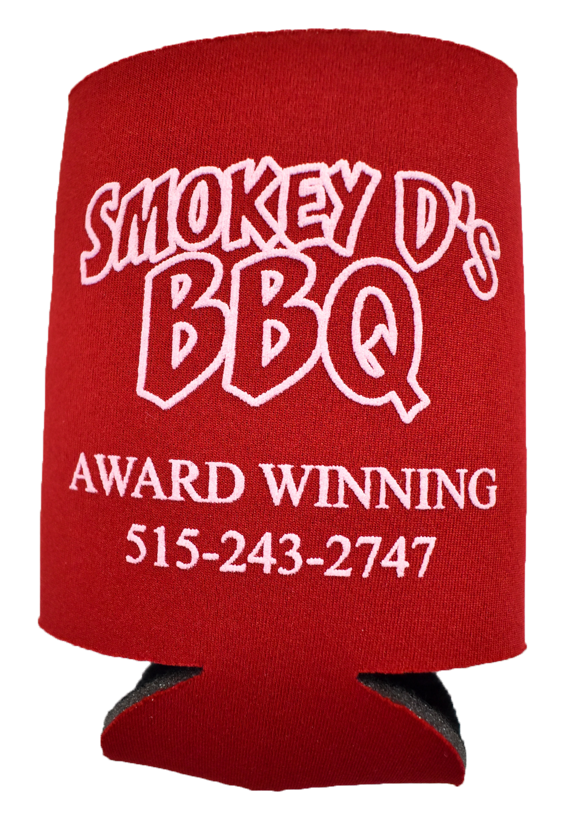 Red koozie with white text reading, "Smokey D's BBQ - Award Wining 515-243-2747"